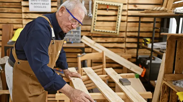 Relaxed and serious mature man, a professional carpenter, sanding a plank of wood at his carpentry workshop. wearing security glasses, hint of grey hair visible.