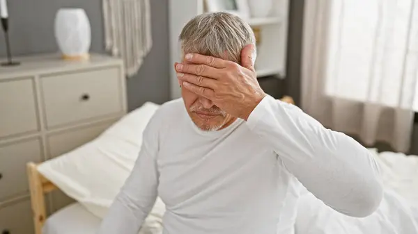 Distressed Senior Man Grey Hair Sitting Bedroom Covering His Face — Stock Photo, Image
