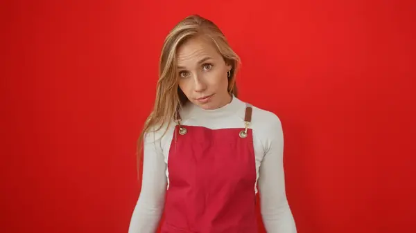 Blonde Woman White Top Red Apron Posing Isolated Red Background — Stock Photo, Image