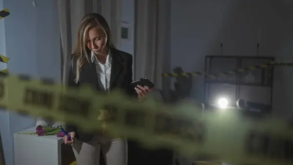 Young Blonde Woman Investigates Crime Scene Indoors Flashlight Caution Tape — Stock Photo, Image