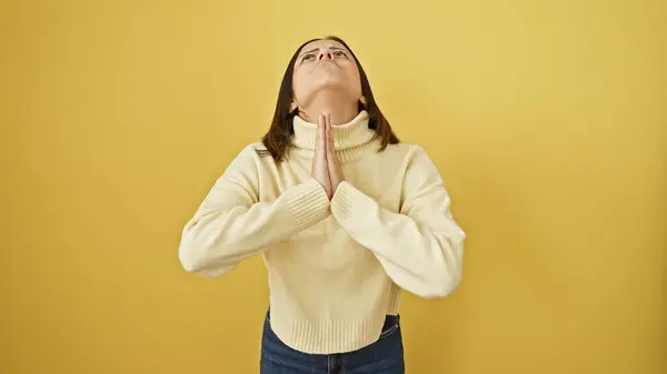 Contemplative Young Hispanic Woman Looks Upwards Hands Clasped Prayer Vivid — Stock Photo, Image