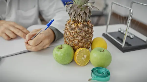 营养师的手在诊所的写字台上写着健康的水果和测量磁带 — 图库照片