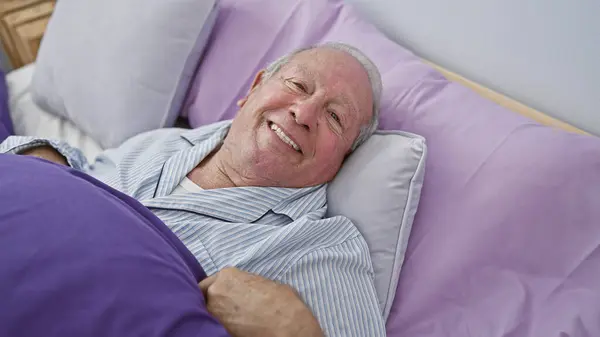 Confident Senior Man Heartwarming Smile Enjoying Cozy Morning Lying Bed — Stock Photo, Image