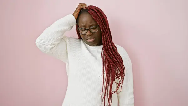 Thoughtful African American Woman Red Braids Wearing Glasses Pink Background — Stock Photo, Image