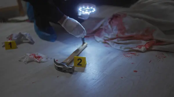 Forensic Investigator Collects Evidence Bloody Indoor Crime Scene Hammer Numbered Stock Image