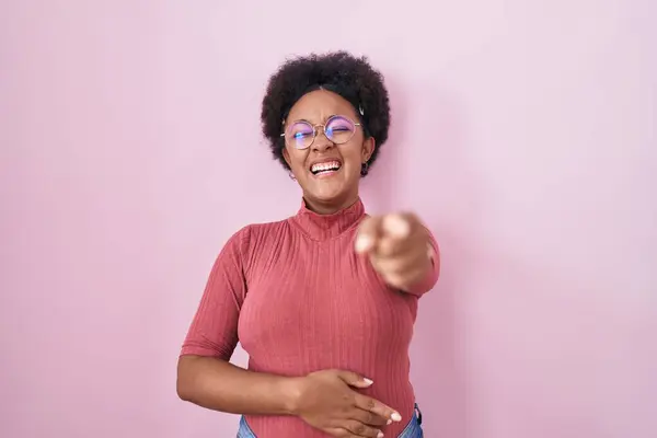 Beautiful African Woman Curly Hair Standing Pink Background Laughing You Royalty Free Stock Images