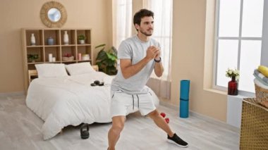 Düzenli, iyi ışıklandırılmış bir yatak odasında spor yapan genç bir adam, sağlık, yaşam tarzı ve ev içi çalışma temaları çağrıştırıyor.