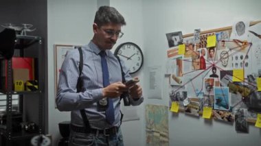 Odaklanmış bir İspanyol dedektifi karmaşık bir karakolda akıllı telefonunu kullanarak kanıtları analiz eder..