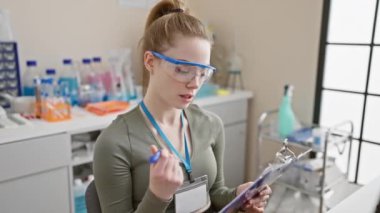Dosyası ve güvenlik gözlüğü olan kendine güvenen bir kadın bilim adamı tam donanımlı bir laboratuarda duruyor..