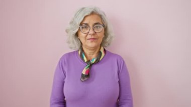 Güzel, olgun, gri saçlı bir kadın, kendine güvenen, gözlüklü, neşeli, pozitif bir gülümseme takınan, başarılı bir işaret veren, el ve parmaklarıyla izole edilmiş pembe arka planda.