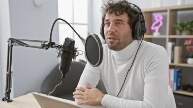 Kendine güvenen, kulaklıklı yakışıklı İspanyol bir adam kendini gururla gösteriyor. Radyo stüdyosunda mutlu görünüyor.