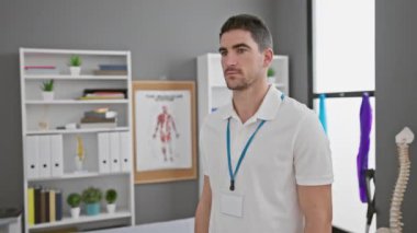 Modern bir klinikte kimlik kartı olan yakışıklı genç adam, iş yerinde sağlık uzmanı ya da terapist portresi yapıyor..