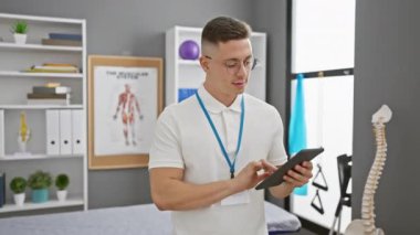 Genç bir İspanyol vatandaşı, profesyonel ve sağlık hizmetlerini yansıtan modern bir rehabilitasyon kliniğinde bir tablete danışıyor..