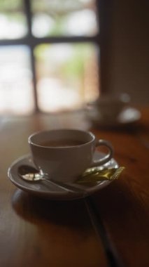 Tahta bir masada kaşıkla servis edilen buharlı beyaz bir fincan kahve samimi bir ortam uyandırır..