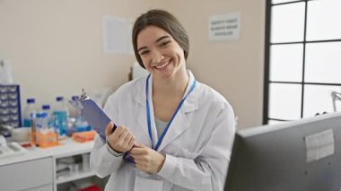 Gülümseyen genç kadın laboratuvar teknisyeni elinde bir dosya tutuyor.