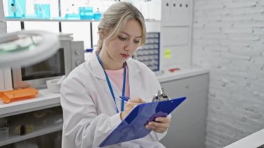 Modern bir laboratuvar ortamında, laboratuvar önlüğü giymiş, tahtaya yazı yazan odaklanmış bir kadın.