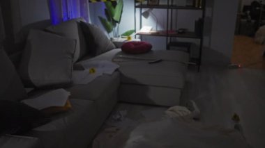Kanıt etiketleri, polis bandı, kanepe, tabanca ve bulanık ön plan ile kapalı bir suç mahalli..
