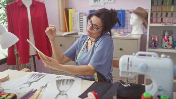 Іспанська Жінка Багатозадачна Кравецькому Магазині Телефоном Ескізами — стокове відео
