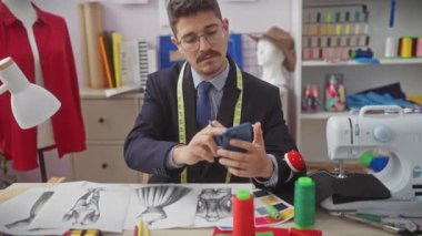 Renkli bir terzi dükkanında mesajlaşırken İspanyol bir adam elbise tasarımı çiziyor..