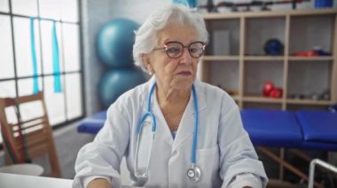 Yaşlı bir kadın doktor arka planda tıbbi ekipmanlarla düşünceli bir şekilde klinikte oturuyor ve sağlık sektöründe profesyonelliği çağrıştırıyor..