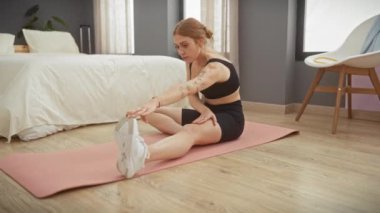 Modern bir yatak odasında pembe bir yoga minderinin üzerinde uzanan genç bir kadın spor yapıyor ve sağlıklı bir yaşam tarzı sergiliyor.