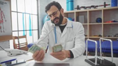 Klinikte beyaz önlüklü, orta yaşlı, sakallı bir adam. Elinde Birleşik Arap Emirlikleri 'nin ağıtlarını tutarken gülümsüyor..