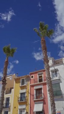 Mavi gökyüzünün altında, İspanya 'da palmiye ağaçları olan renkli evler..