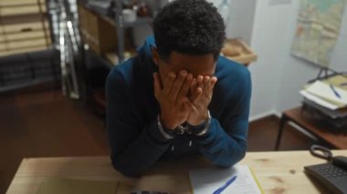 Endişeli Afrikalı Amerikalı bir adam bir dedektifin ofisinde kelepçelenmiş. Delilleri ve yasal belgeleri inceliyor..