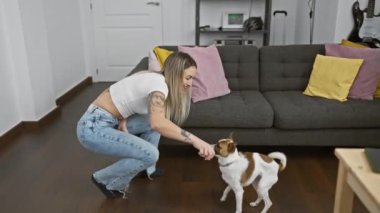 Genç sarışın bir kadın modern bir oturma odasında köpekle oynuyor, top atıyor ve neşeyle etkileşime geçiyor..
