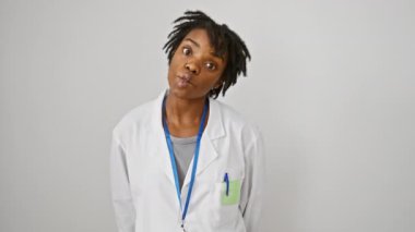 Komik bir balık suratı, çılgın gözler ve beyaz izole edilmiş arka planda büzüşmüş dudaklar yapan, labirent giymiş neşeli siyah bir kadın.