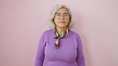 Öfkeli orta yaşlı bir kadın öfkeyle bağırıyor. Tecrit edilmiş pembe arka planda hassas bir duygu gösterisi.