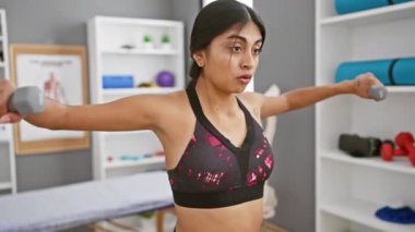 Genç Hintli bir kadın modern bir rehabilitasyon kliniğinde dambıllarla egzersiz yapıyor..