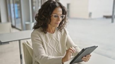 Modern ofis içinde tablet kullanan olgun, profesyonel bir kadın..