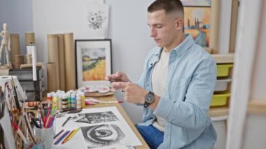Özenli bir genç adam telefonunu resim, taslak ve malzemelerle dolu bir sanat stüdyosunda inceleyerek yaratıcılığı ve iletişimi sembolize ediyor..