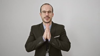 Beyaz bir arkaplan için yalvaran takım elbiseli kel sakallı, İspanyol bir adam.