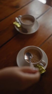 Bir el, bir fincan kapuçinoya uzanıyor kırsal ahşap bir masada bisküviyle..