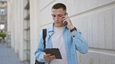 Genç adam akıllı telefon kullanıyor ve şehir caddesinde tablet tutuyor.
