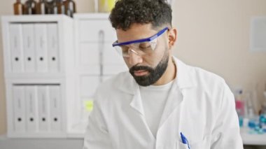 Sakallı, koruyucu gözlüklü ve laboratuvar önlüklü genç bir İspanyol iyi donanımlı bir laboratuvar ortamında gülümsüyor..
