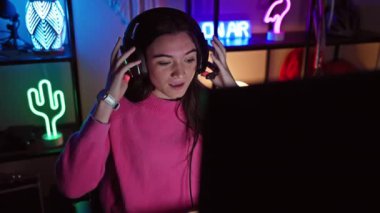 Genç bir Latin kadın, enerjik ofis ortamında geceleri oyun oynamaktan hoşlanıyor..