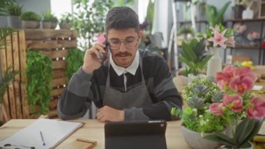 Genç bir İspanyol adam canlı bir çiçekçide çalışırken telefon görüşmesi yapıyor..