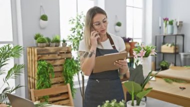 Gözlük takan genç bir kadın, parlak çiçekçi dükkanındaki renkli çiçeklerin arasında pano ve akıllı telefonla sipariş veriyor..