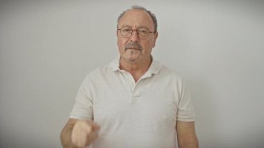 Neşeli orta yaşlı gözlüklü adam, büyük bir fikirle kendinden emin duruyor, neşeli bir şekilde parmağını kaldırıyor, saf beyaz bir arka planda kendinden geçmiş bir numara..