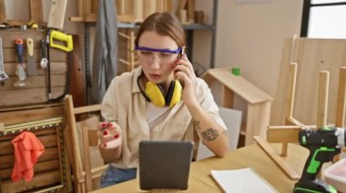 Güvenlik gözlüklü odaklanmış bir kadın tablet kullanır ve ahşap atölyesinde telefonla konuşur..