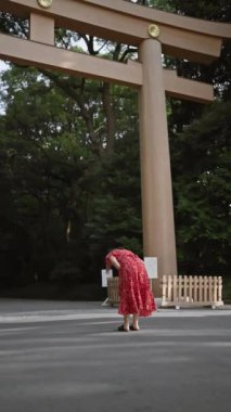 Gözlüklü güzel bir İspanyol kadının Tokyo 'nun saygı duyulan meiji tapınağında eğildiği büyüleyici bir an. Japon kültüründe bir inanç ve gelenek anı.