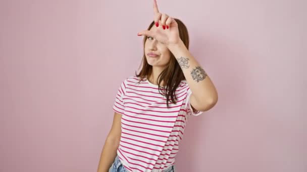 Cheeky Young Brunette Girl Striped Shirt Poking Fun People Flashing — Stock Video