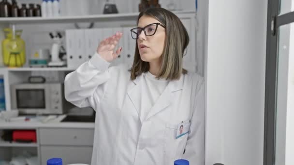 Una Joven Contemplativa Gafas Encuentra Laboratorio Con Equipo Científico Fondo — Vídeos de Stock