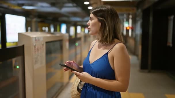 Mujer Hispana Alegre Hermosa Viajero Alegre Esperando Tren Metro Estación — Vídeo de stock