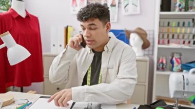 Neşeli genç bir adam, kumaşlar, mankenler ve dikiş makinesiyle çevrili bir terzi dükkanında telefon görüşmesi yapıyor..