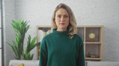 Kendine güveni tam genç sarışın bir kadın, evinde rahat bir şekilde düşünürken, ayık yüzüyle koltukta oturmuş kendine güvenini sergiliyor..