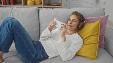Beyaz kadın evdeki kanepede uzanıyor, akıllı telefonuyla video oyunu oynarken gülümsüyor, kulaklık takıyor.